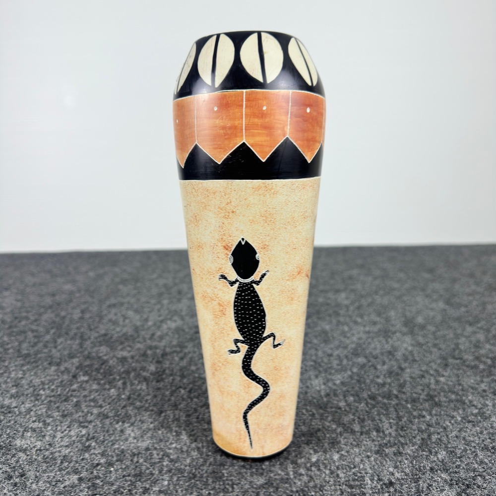 Southwestern Hand Painted Gecko Ceramic Vase Set 2pc Tribal Geometric Pattern - Picture 3 of 14